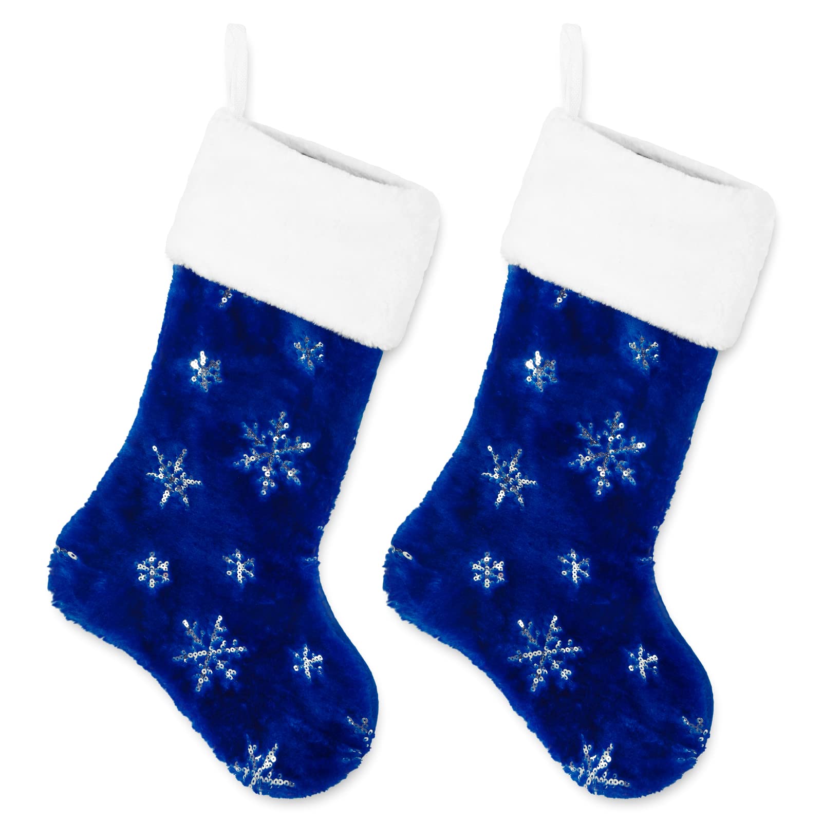 AnyDesign 2 Pack Christmas Stockings Large 22 inches Blue Silver Snowflake Pattern Hanging Stockings Classic Xmas Hanging Decorations for Christmas Party Home Fireplace Decor Family Friend Gift