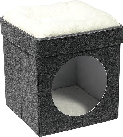 Bonlife Foldable Large Cat Bed Indoor Grey 45x45x50CM with Removable Cushion
