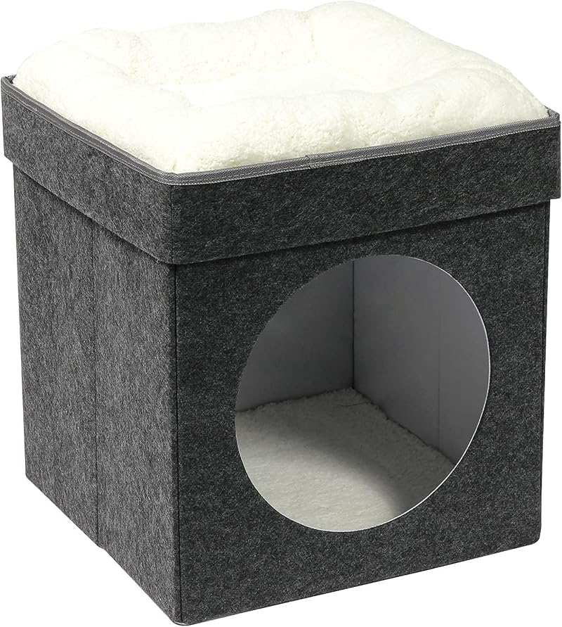 Bonlife Foldable Large Cat Bed Indoor Grey 45x45x50CM with Removable Cushion