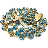 Nazareth Store St. Benedict Deep Blue Crystal Beads Rosary Prayer Necklace Golden Miraculous Medal & Gold Enamel Cross