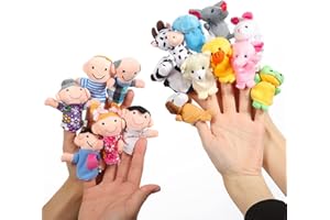 ThinkMax 16 Pack Soft Plush Finger Puppets Set - MANSA 10 Animals + 6 People Family Members Velvet Cute Toys for Children, Story Time, Shows, Playtime, Schools