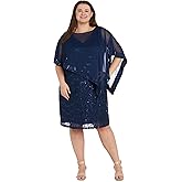 R&M Richards Women's Knee-Length Glitter Sequin Lace Dress W/Sheer Asymmetric Poncho Overlay | Evening Cocktail Attire