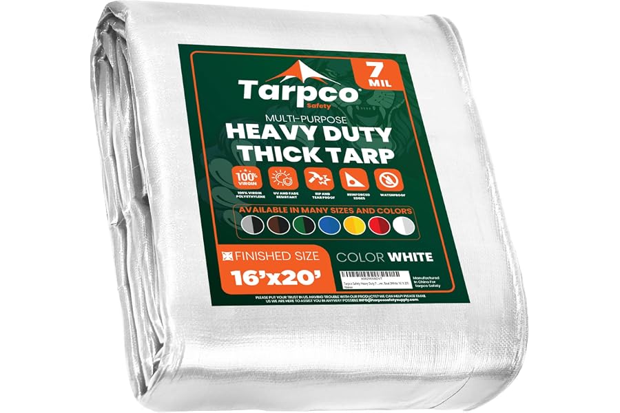 Tarpco Safety Heavy Duty 7 Mil Tarp Cover, Waterproof, UV Resistant, Rip and Tear Proof, Poly Tarpaulin with Reinforced Edges for Roof, Camping, Patio, Pool Cover, Boat (White 16′ X 20′)