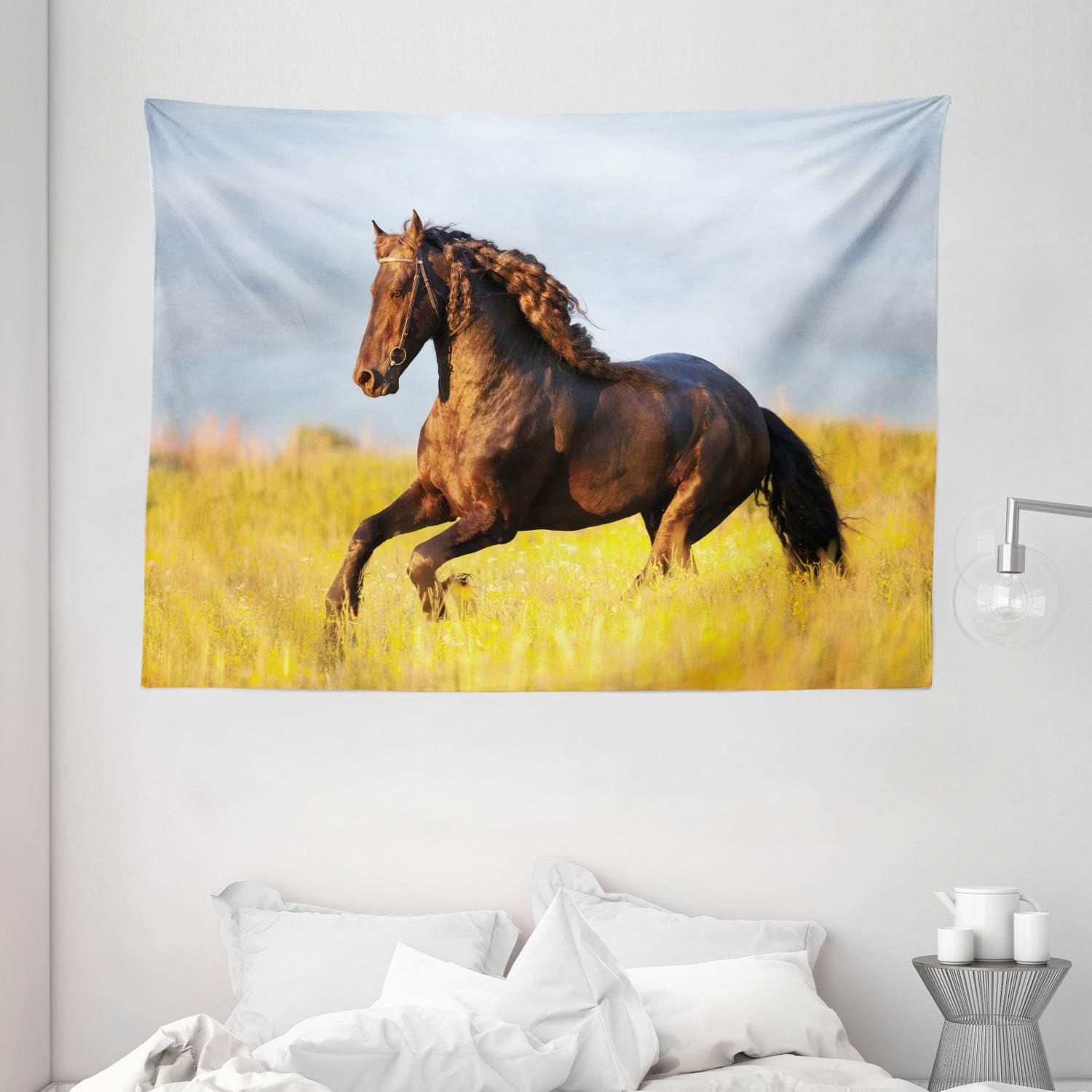 Ambesonne Animal Decor Collection, Friesian Horse with Mane Gallops in Meadow Equestrian Mystery Vitality Horse Theme, Bedroom Living Room Dorm Wall Hanging Tapestry, 80 X 60 Inches, Yellow Brown Blue