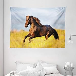 Ambesonne Animal Decor Collection, Friesian Horse with Mane Gallops in Meadow Equestrian Mystery Vitality Horse Theme, Bedroom Living Room Dorm Wall Hanging Tapestry, 80 X 60 Inches, Yellow Brown Blue