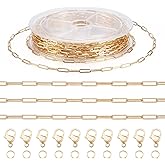 PH PandaHall Pandahall 16.4 Feet Real 16K Gold Plated Paperclip Chains Soldered Flat Oval Cable Chains with Jump Rings Lobster Claw Clasps for Bracelet Necklace Jewelry Making, 10x2.7x0.7mm