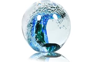 JUYOULE Hand Blown Glass Figurines Ball: Ocean Wave Design Glass Paper Weights, Beach Decorations for Home - Unique Ocean Themed Bathroom Decor and Gift for Ocean Lovers