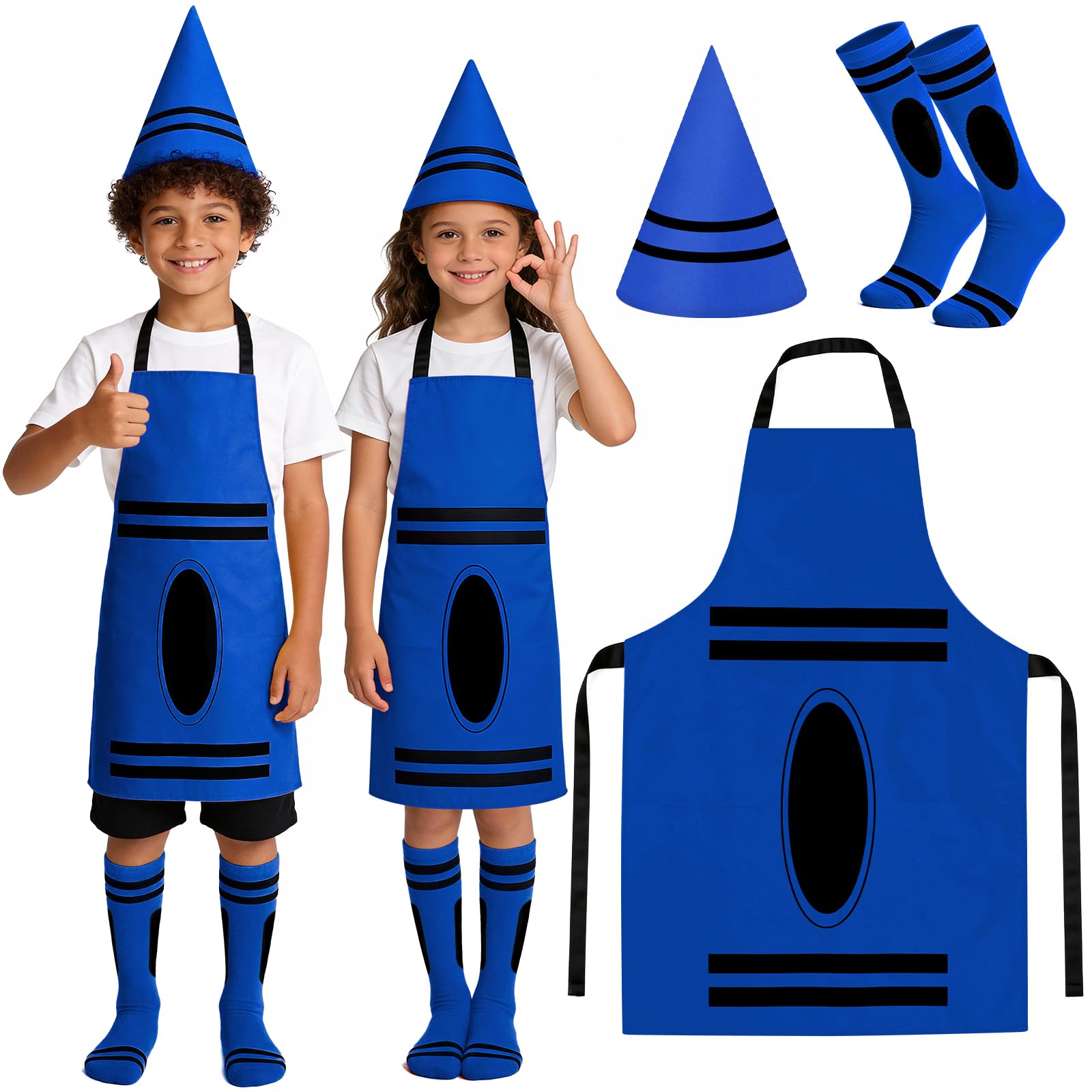 Ainvliya Crayon Apron Costume Set, World Book Day 2026 Full Costume, Carnival Girls Boys Fancy Dress Including Fashing Theme Cone Hat Socks School Group Costume Outfit Cosplay Party