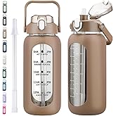 kytffu 64oz Glass Water Bottles with Straw, Half Gallon Motivational Glass Bottle with Silicone Sleeve and Time Marker, 2L Leakproof Large Glass Water Jug for Gym Home Office,Amber