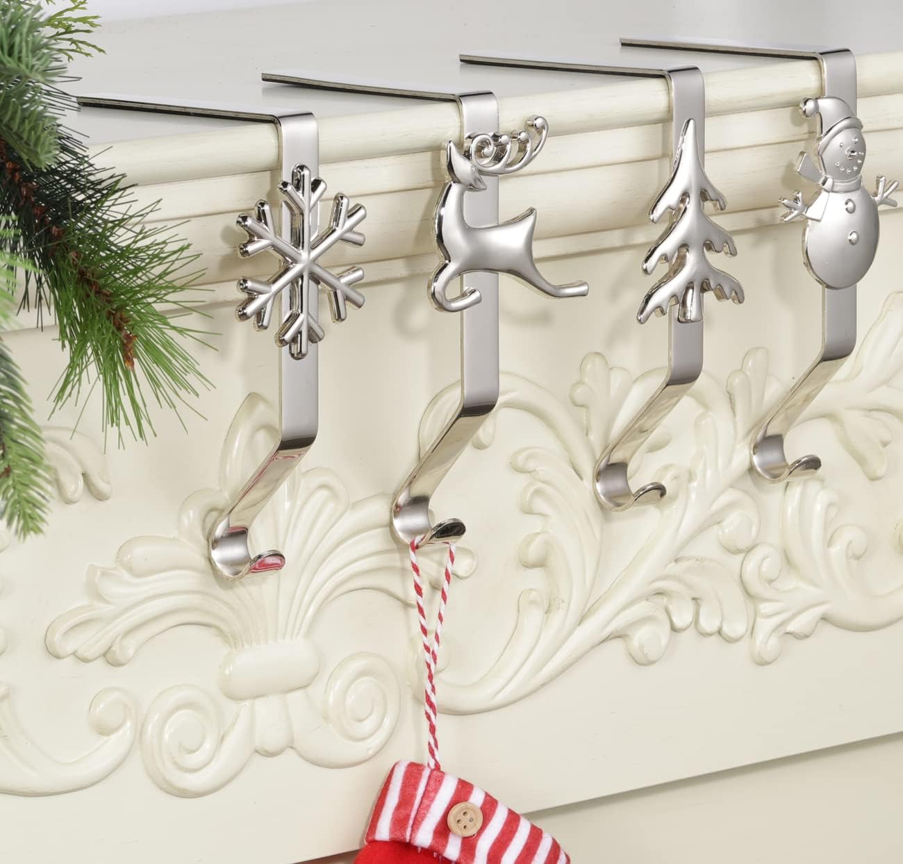 Yuokwer Christmas Stocking Holders - Different Pattern Stocking Hangers for Fireplace - Set of 4 (Silver)