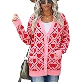 Valentine Cardigan Sweaters for Women Button Down Sweater with Pockets Heart Print Open Front Knit Cardigan Funny Love Coat