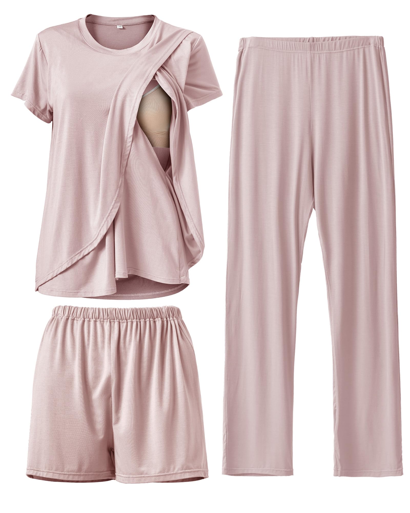 Rnxrbb 3 Piece Postpartum Nursing Pajamas Set Double Layer Maternity Breastfeeding Pjs Sleepwear for Women,Deep Pink 2XL Image