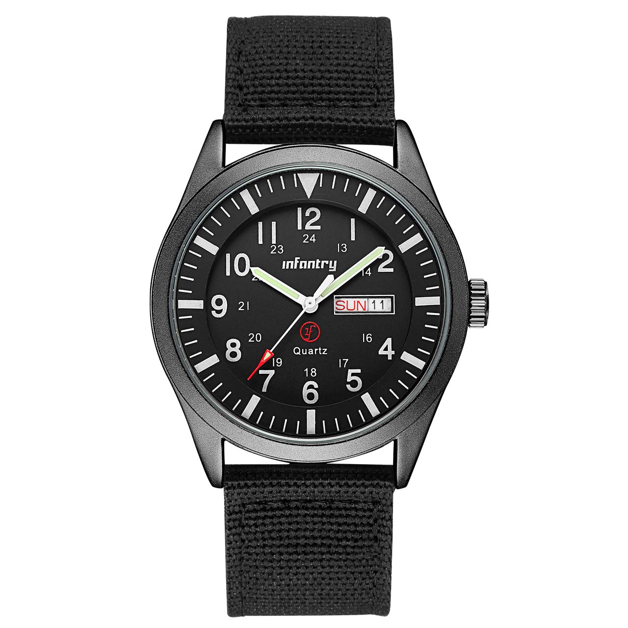 Infantry Mens Military Army Watch - Gents Black Analogue Tactical Wristwatch, 12/24 Hour Military Time with Day Date, 5ATM Waterproof Outdoor Work Watch, Black Nylon Strap