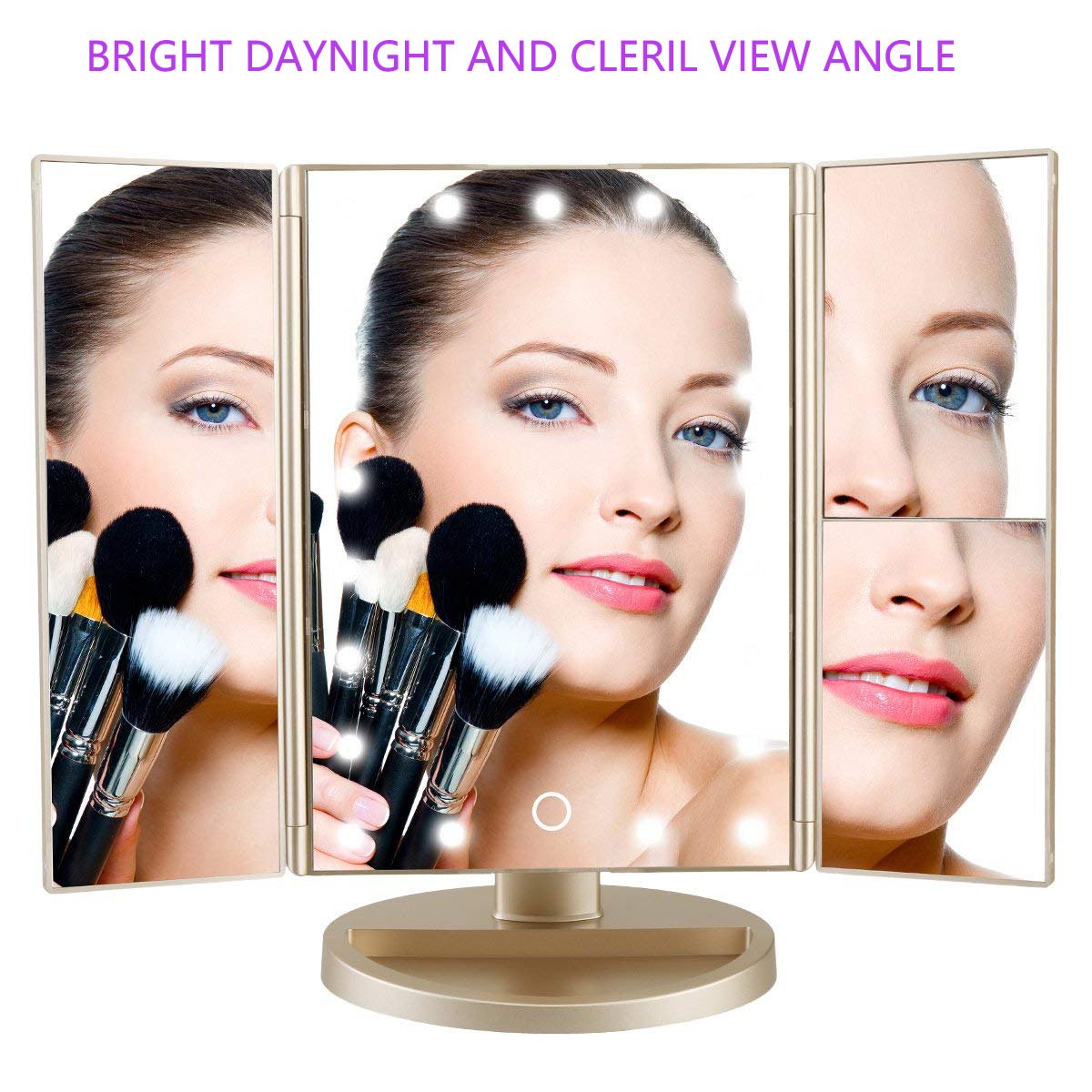 deweisn Tri-Fold Lighted Vanity Mirror with 21 LED Lights, Touch Screen and 3X/2X/1X Magnification Mirror, Two Power Supply Mode Tabletop Makeup Mirror,Travel Mirror: Beauty