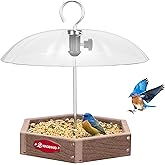 Kingsyard Large Platform Bird Feeder Outdoor Hanging, Adjustable Dome Squirrel Proof Rain Cover, Metal Mesh Tray Recycled Plastic Wild Bird Seed Feeding Station, Brown