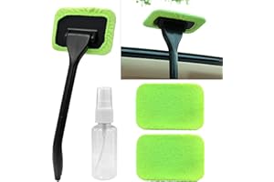 ongfuwu Car Windshield Cleaning Tool, Microfiber Auto Window Cleaner Set with 2 Washable & Reusable Cloth Pad Head, Long Handle and Spray Bottle, Universal Glass Wiper Cleaning Kit