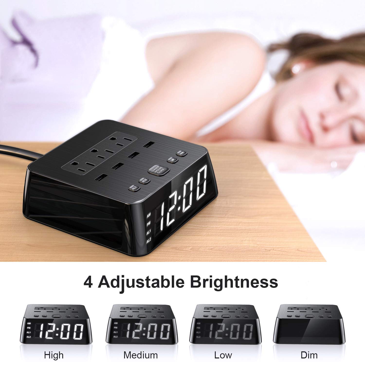Yostyle Alarm Clock Charger w/4 USB Ports & 3 AC Outlets, 6ft Power Cord Charging Station Power Strip for Hotel Home,UL Tested (Dual Alarm,4 Dimmer Brightness,Snooze,ON/Off Switch,Battery Backup)