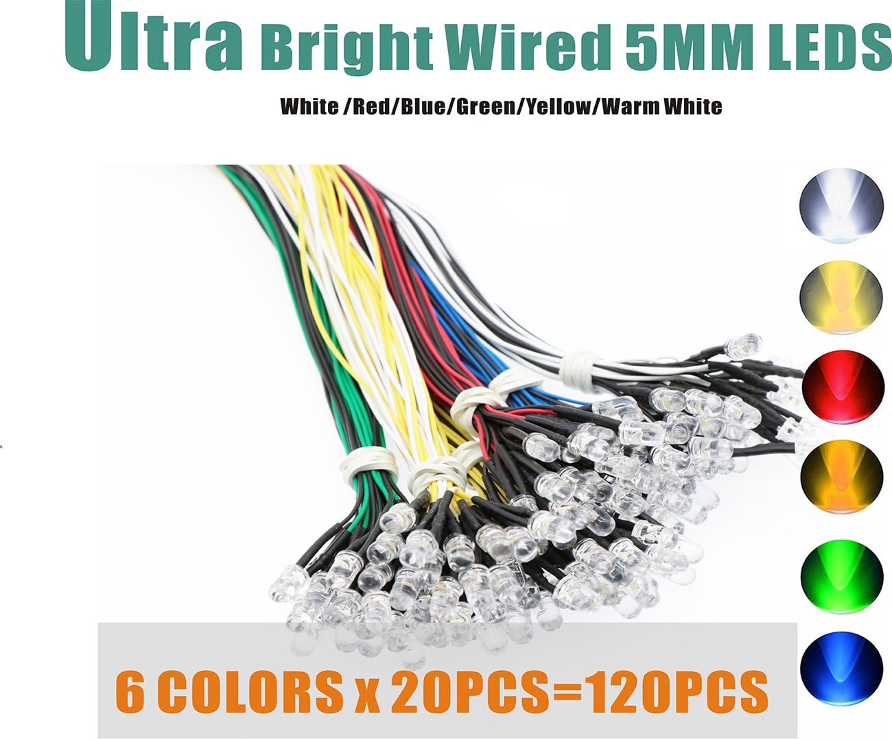 120PCS 6 Color Ultra Bright 12v Pre Wired LED Diodes Light -White Red Blue Green Yellow Warm White, G:/Multi-colors, 5 mm - Image 3