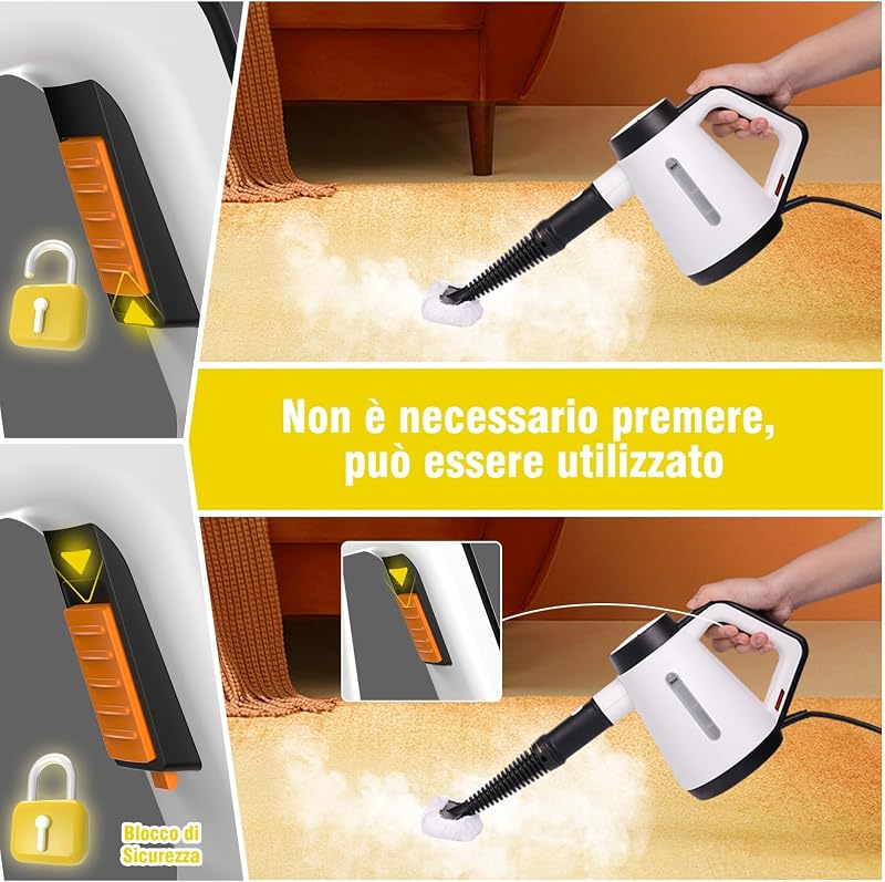 Pulitore a vapore manuale, 400 ml, pulitore a vapore multiuso con 9 accessori, pulitore a vapore senza sostanze chimiche per uso domestico, pulizia di pavimenti, piastrelle, finestre, divani