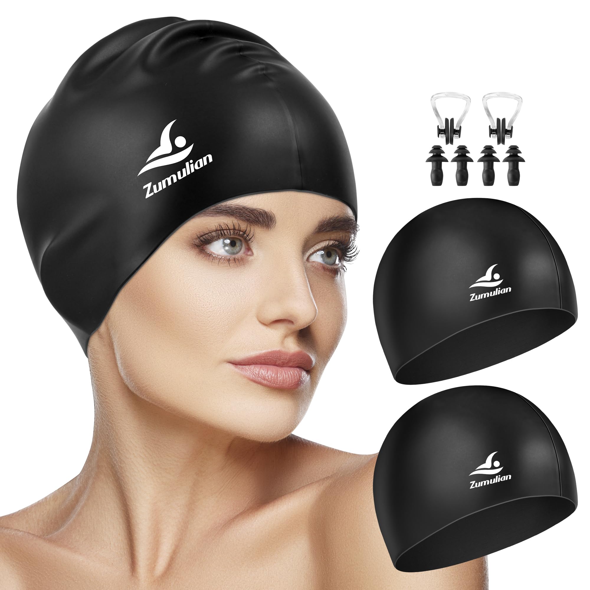 Photo 1 of Silicone Swim Cap for Men &Women,3D Ergonomic Design Swimming Caps with Ear Plug and Nose Clip Suit for Long Hair