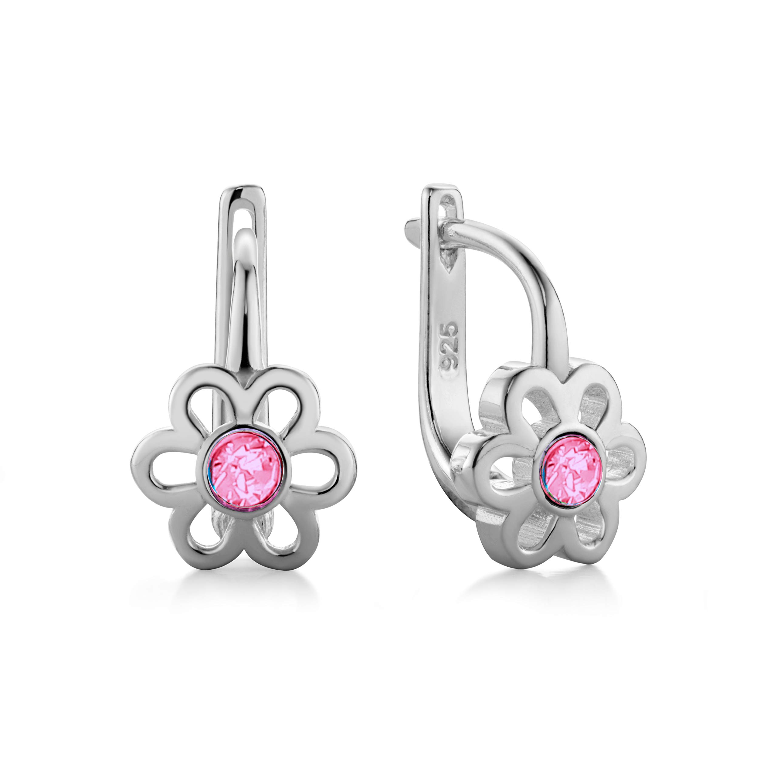 Butterfly Sterling Silver Childrens Earrings With Pink Crystal In Flower Design