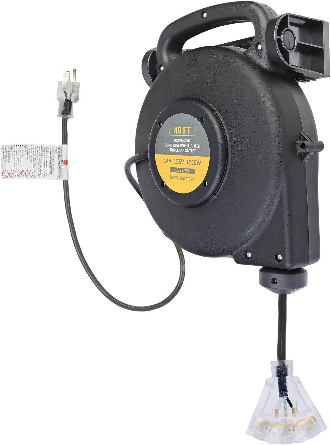 TerraBloom 40 Ft 12/3 Retractable Extension Cord Reel 2 in 1