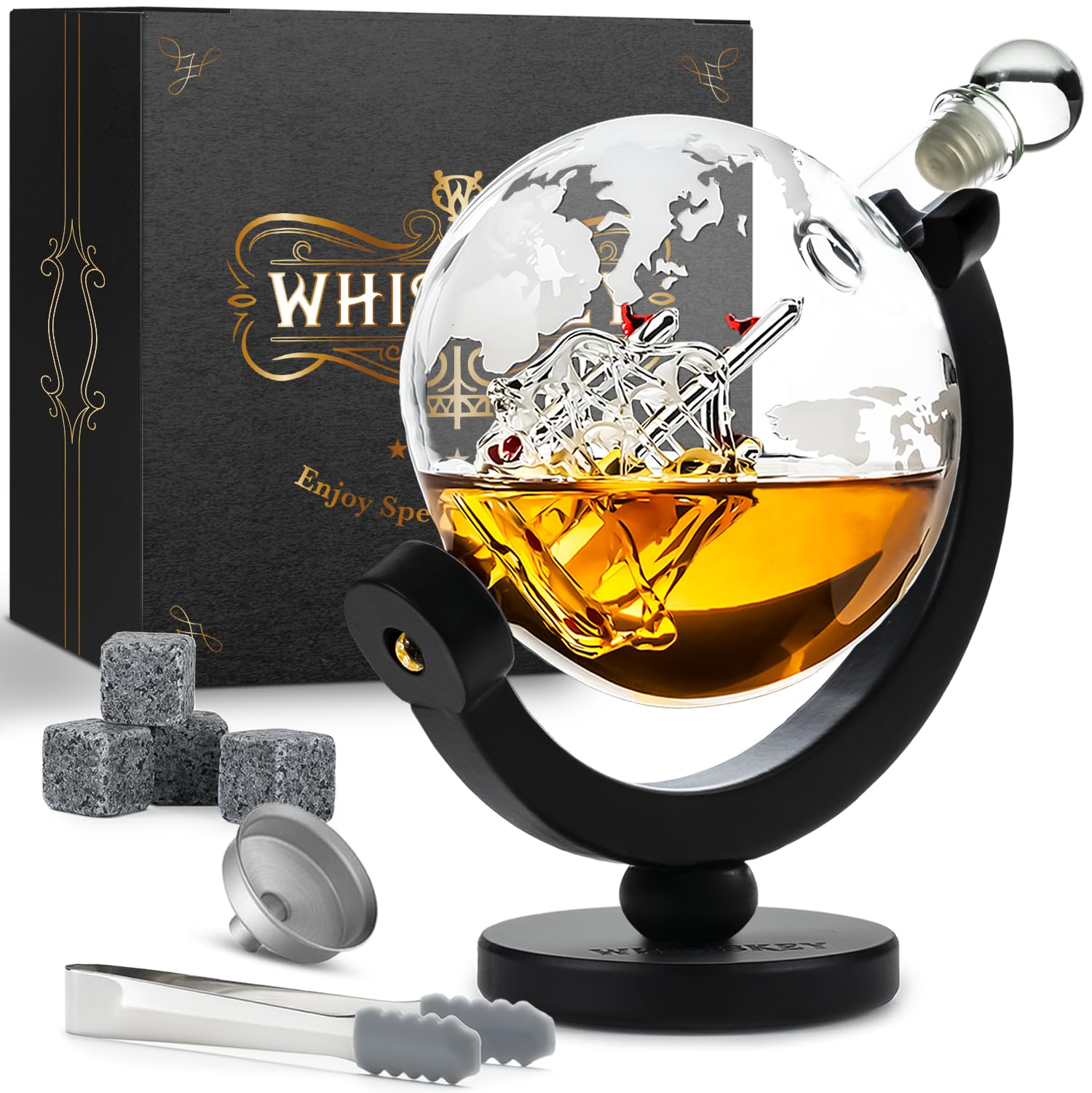 WHISISKEY - Whiskey Decanter Set - 900ML Globe Carafe - Whiskey Gift Sets for Men - Whisky Set - Glass Gifts for Men - Inc. 4 Whiskey Stones, Accessories