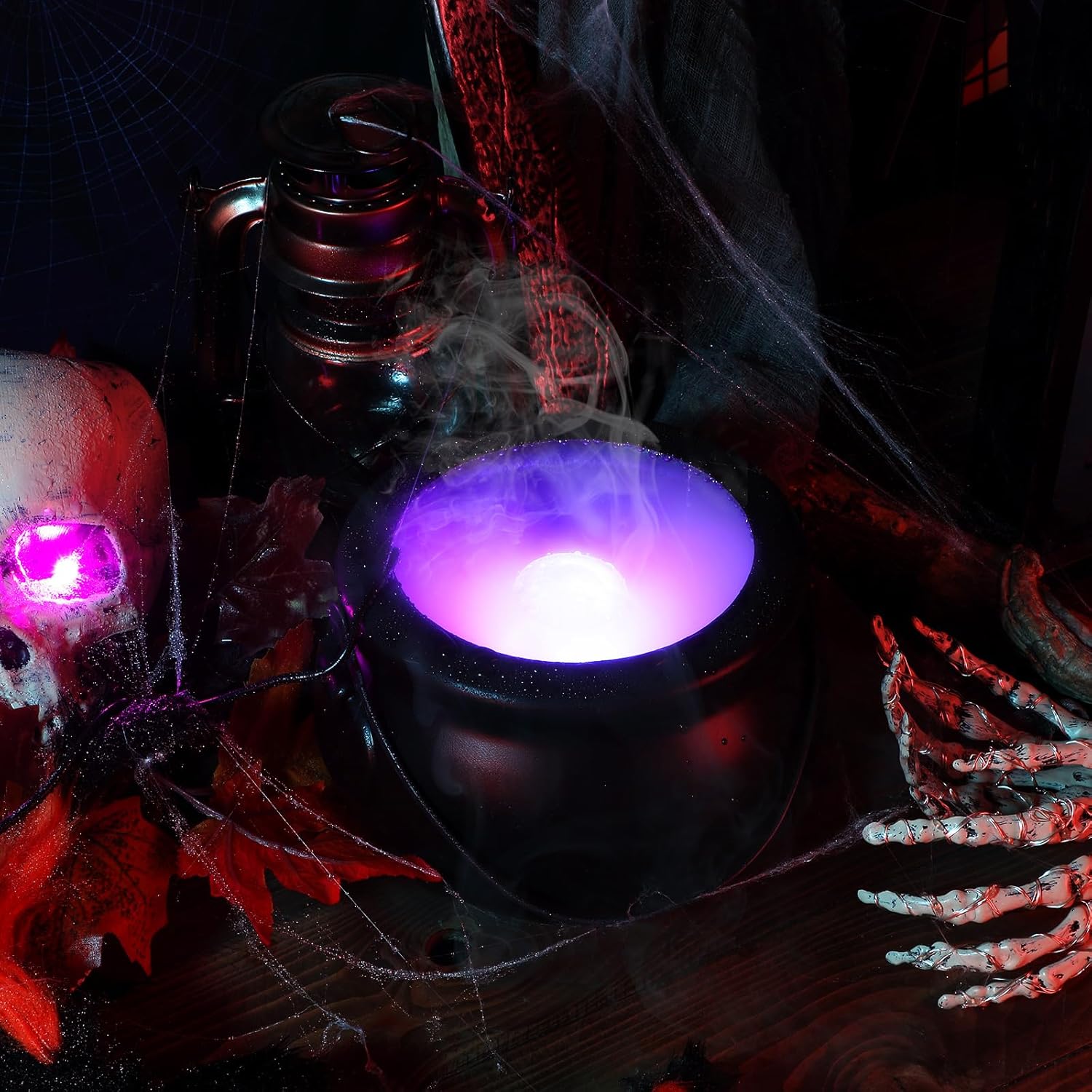 Indoor Fountains & Accessories - Libima Halloween Cauldron Mister 12 LED Fogger Mist Maker Witches Cauldron Witch Jar Atomizer Lamp Punch Bowl Candy Fire Flame Bucket Fogger Misting Cauldron Halloween Home Outdoor Party Decorations