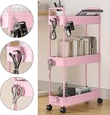 SOLEJAZZ 3-Tier Storage Trolley Cart Slim Rolling Utility Cart Pink view 3