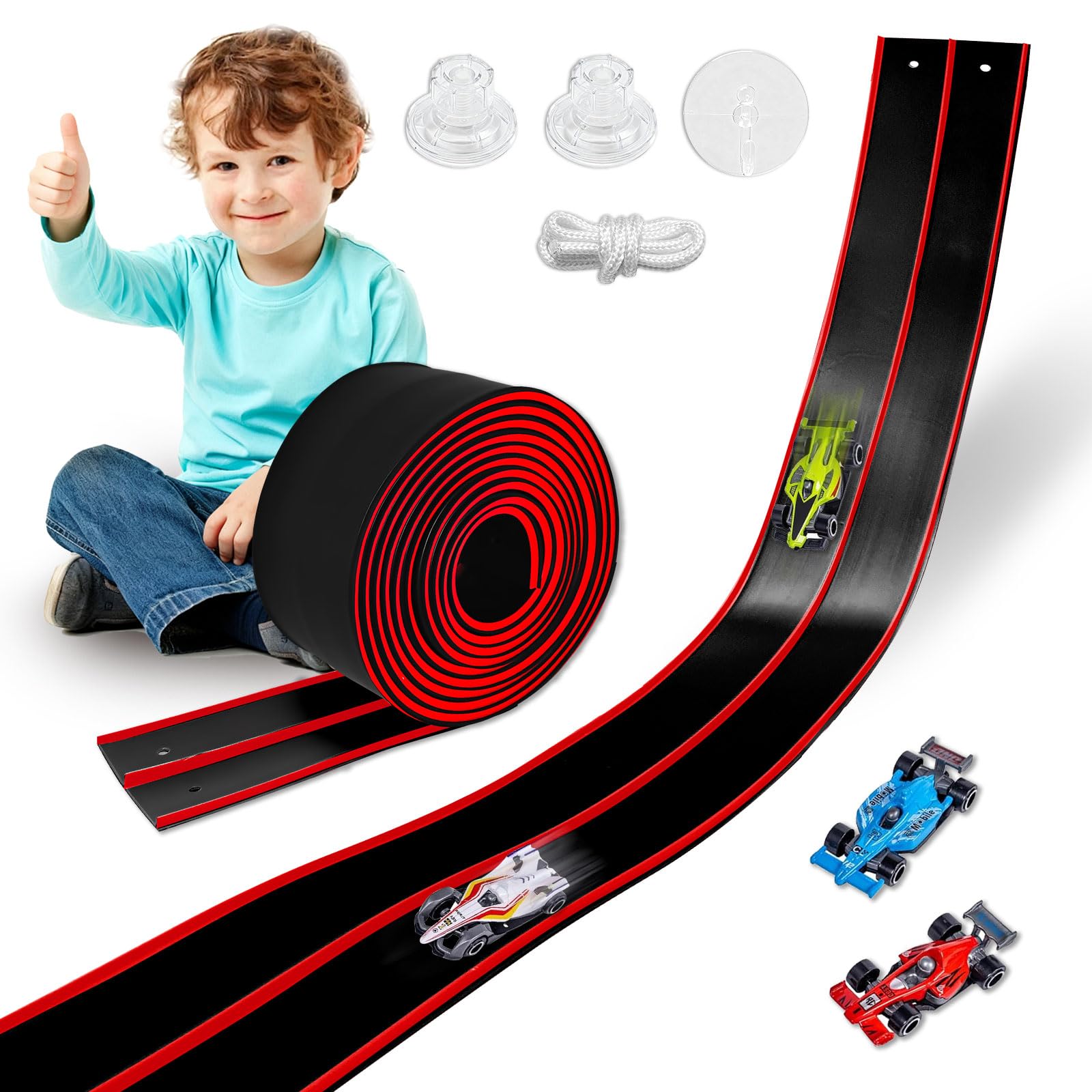 Photo 1 of Flexible Race Track Toys for Kids 15 Ft with 4 Cars & Suction Cups, Portable Double Lane Racetrack Compatible with Hot Wheels & 1/64 Diecast Cars, Fun Car Ramp Track Set for Ages 3+(Black & Red)