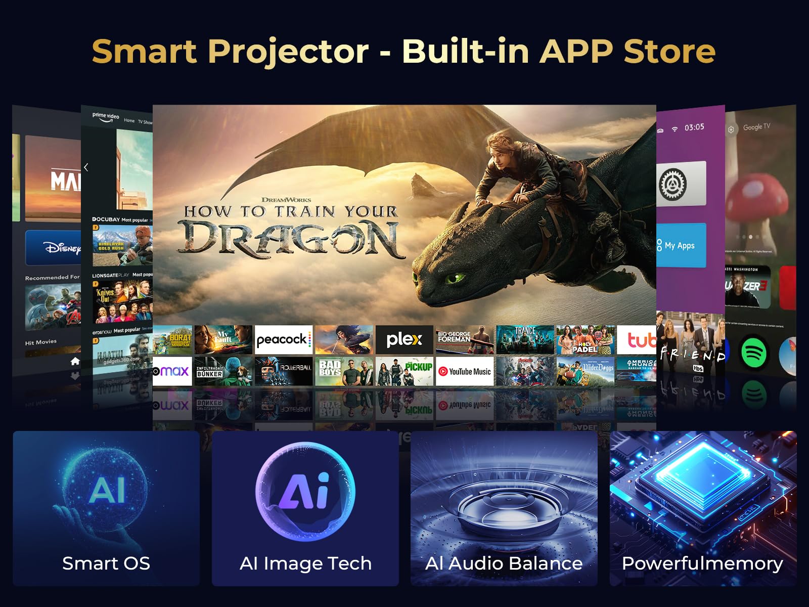 GooDee Smart Mini Projector with WiFi and Bluetooth - 4K Support Built-in Streaming Apps, AI Auto Focus & Auto Keystone, Dolby Audio, Indoor/Outdoor FHD Home Theater Projector for Movies & Gaming