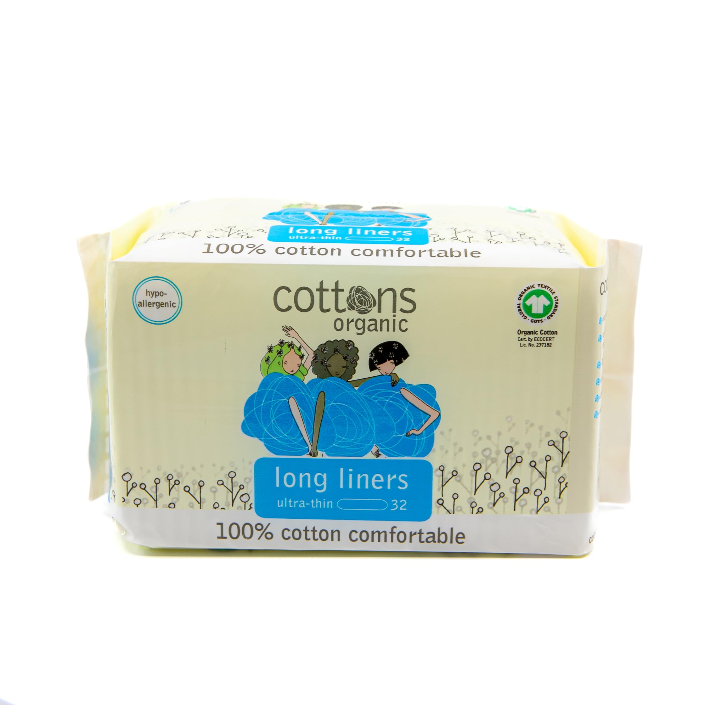 Cottons Panty Liners Long (17 cm), Ultra-Thin, Pack of 32, 100% Organic Cotton, Hypo-Allergenic, Breathable, Unscented, Panty Liners for Women