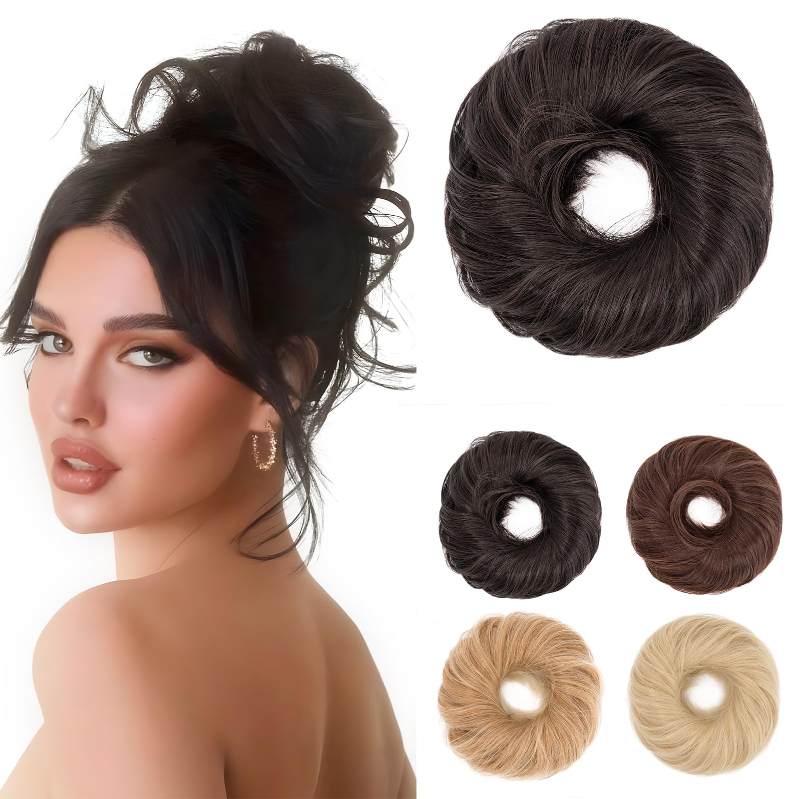 Benehair Messy Bun Hair Scrunchies Curly Hair Buns Hairpiece Synthetic Ponytail Bun Extensions Natural Dark Brown Hair Pieces for Women (Natural Dark Brown, 55g)