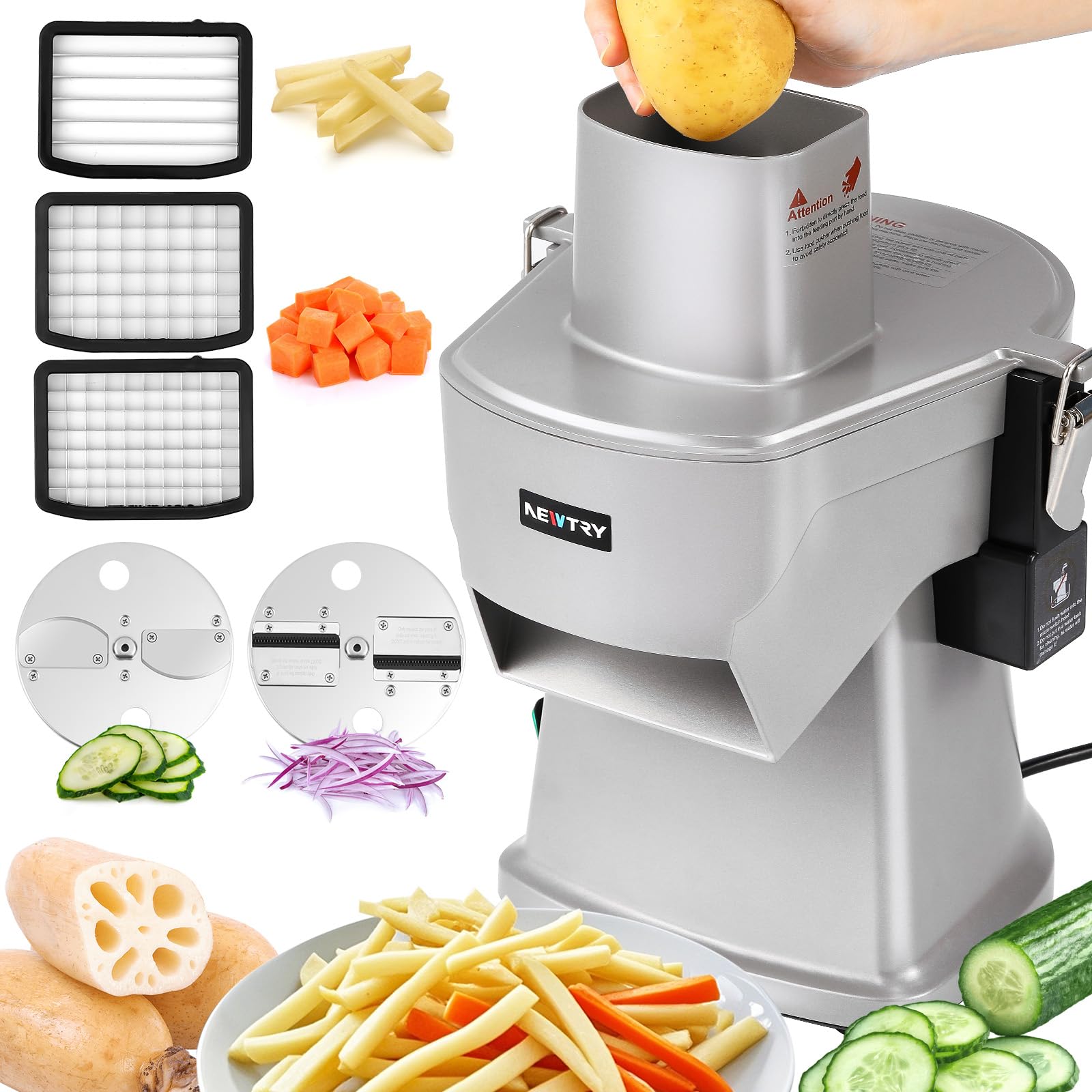 NEWTRY Elektrischer Gemüseschneider 4-in-1 Gewerblich Pommes Würfeln