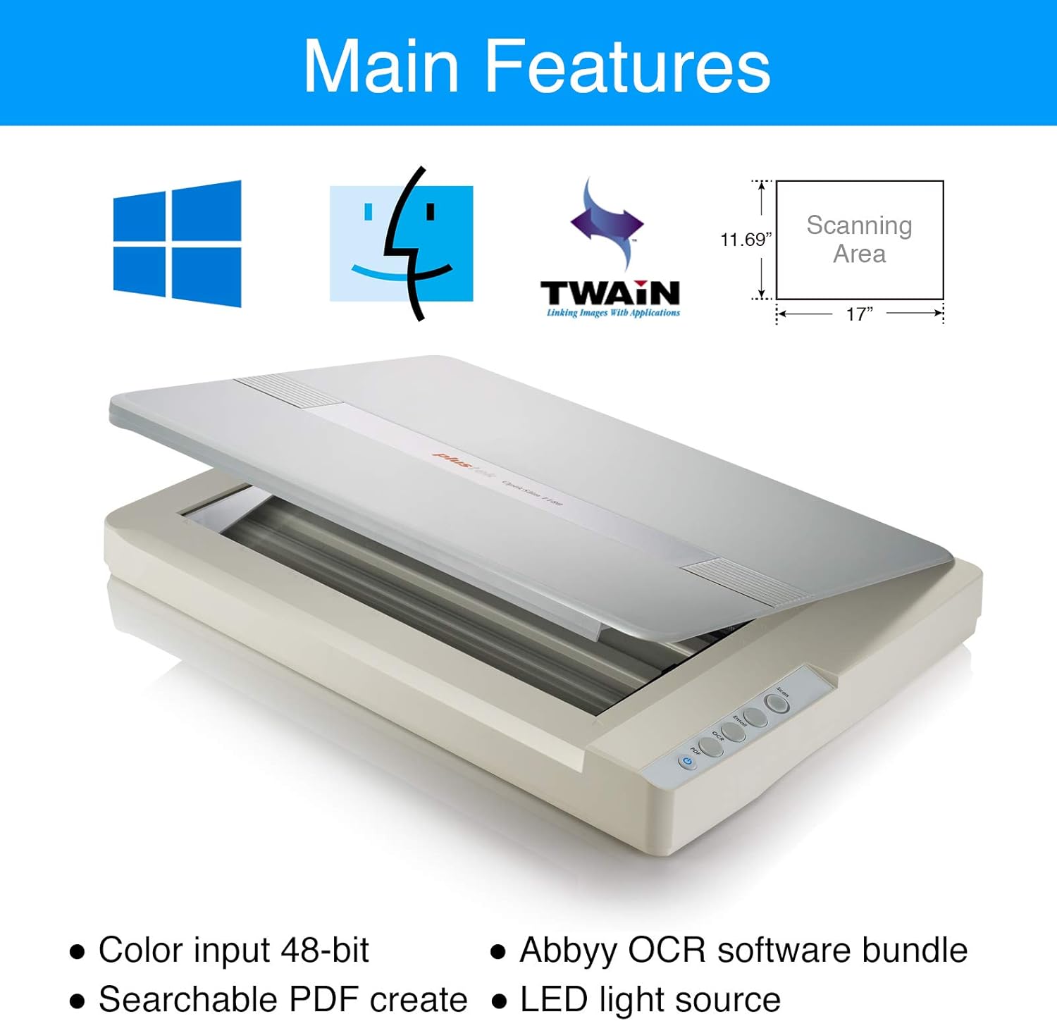 Plustek A3 Flatbed Scanner OS 1180 : 11.7x17 Large Format scan Size for Blueprints and Document. Design for Library, School and Soho. A3 scan for 9 sec, Support Mac and PC: Electronics