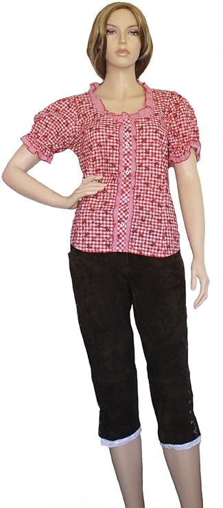 Damen Trachtenbluse Rot/Weiß Kariert - Oktoberfest Bluse Mit Stehkragen