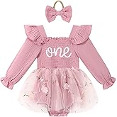 DLLYING Baby Girl First Birthday Outfit Long Sleeve Smocked Fairy Berry One Romper Tulle Dress + Headband