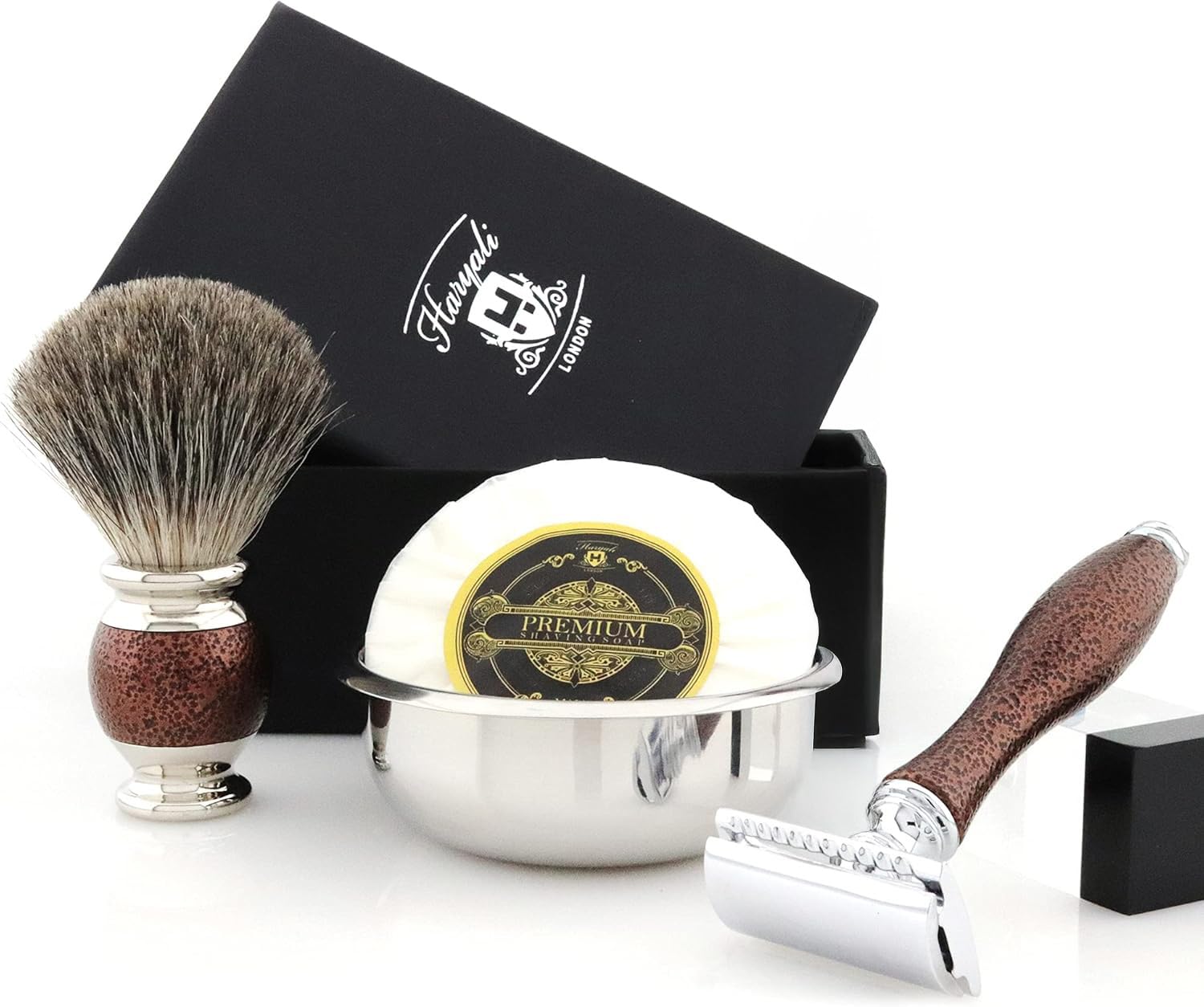 Haryali London Shaving Kit – 5 Pc Shaving Kit – Double Edge Safety Razor - Super Badger Shaving Brush – Shaving Soap – Shaving Bowl – Alum – Antique Maroon Color Shaving Set as Gift