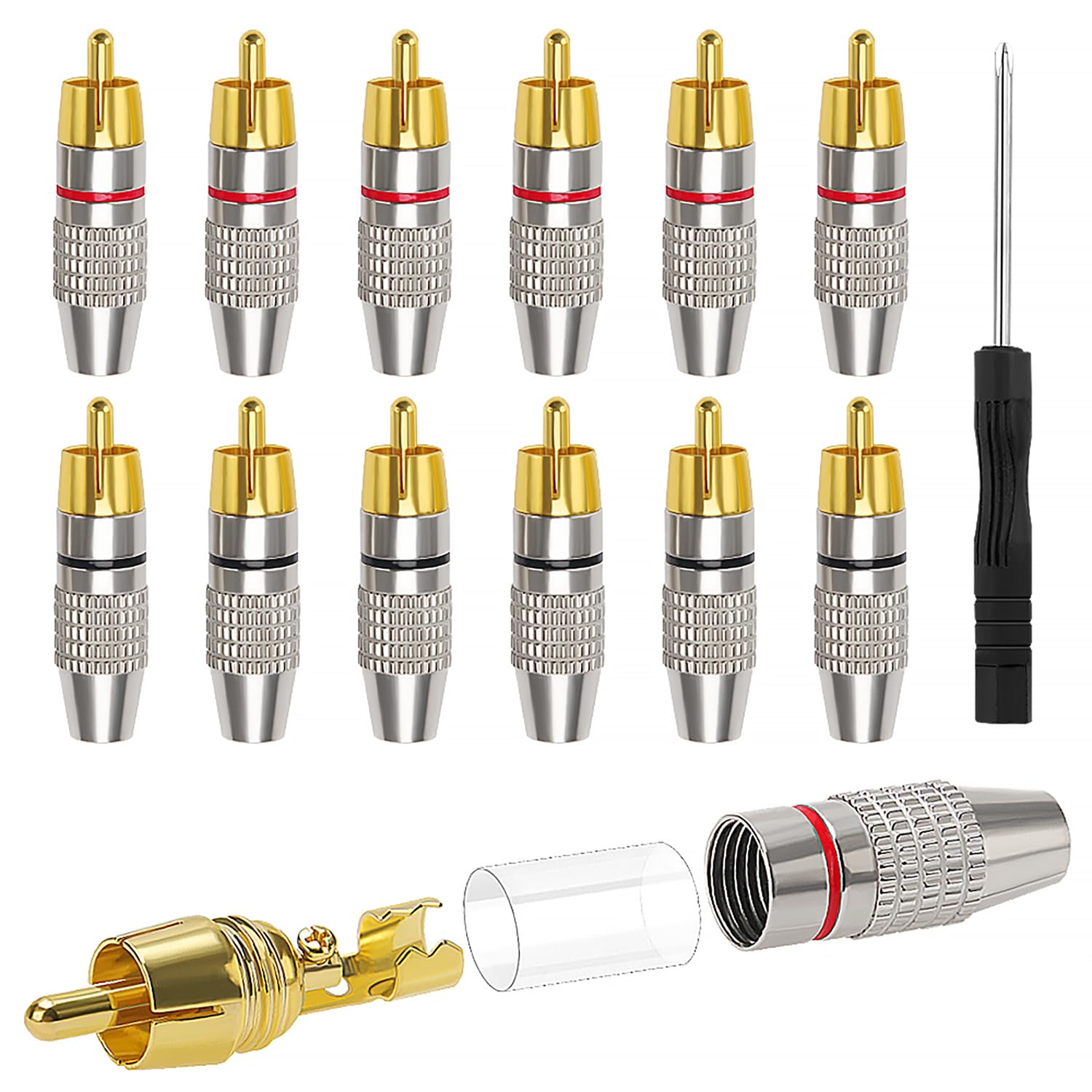KUOQIY 12 PCS Gold Plated RCA Plug Audio Video Connector, RCA Male Plug Solderless, with Screwdriver, for Multimedia and CCTV (6 Black + 6 Red)
