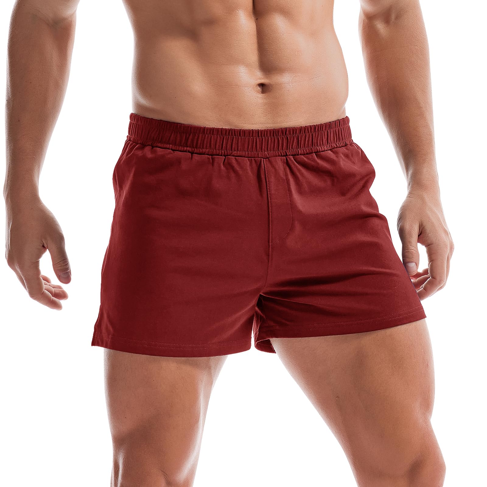 Photo 1 of AMY COULEE Mens Gym Shorts 3" Bodybuilding Workout Shorts Lightweight Running Lounge Cotton Sleep Bottoms (S, Burgundy)