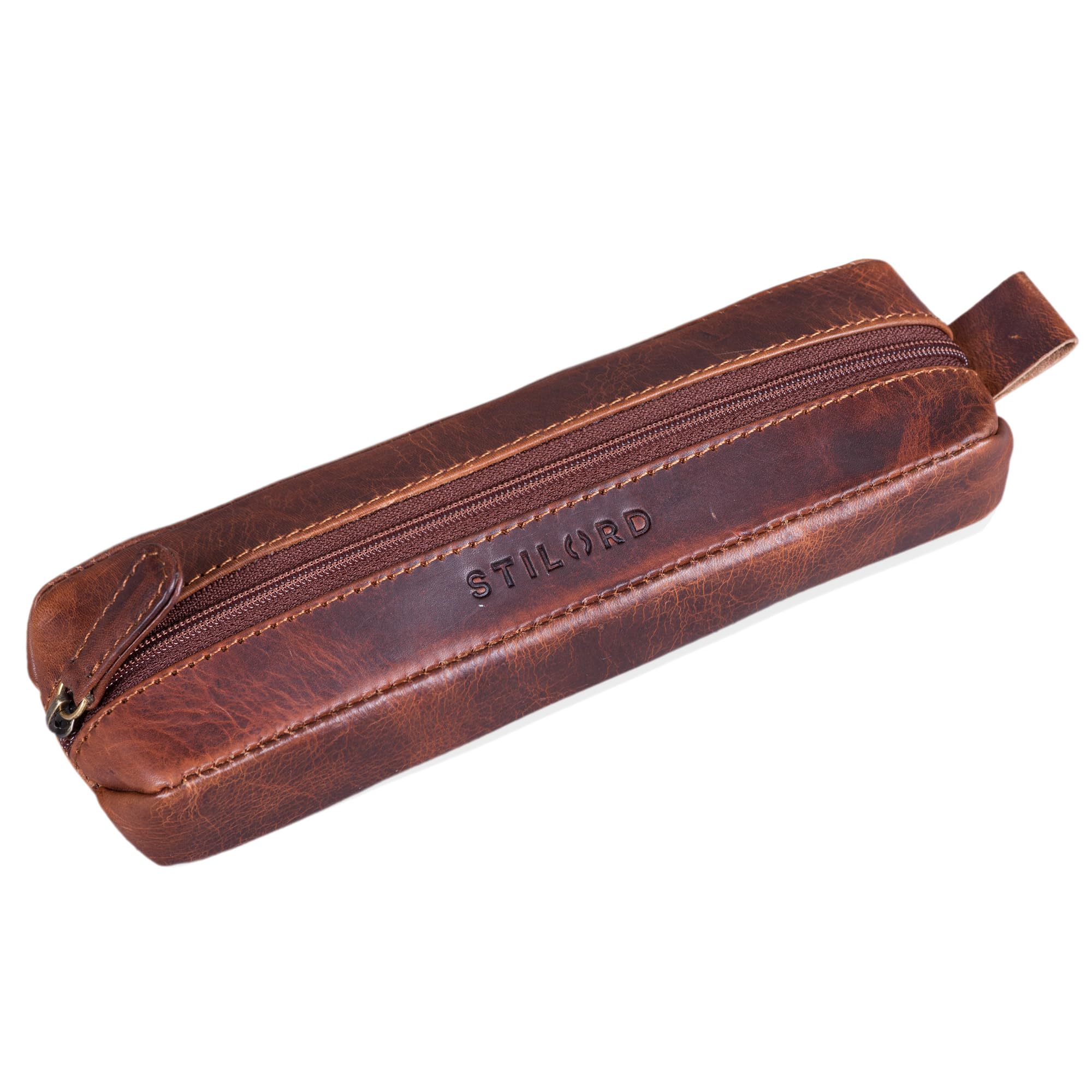 STILORD "Quinn" Leather Pencil case Round Vintage Pen Holder Pouch roll Round Large Ladies Men Genuine Leather Colour:Kara - Cognac