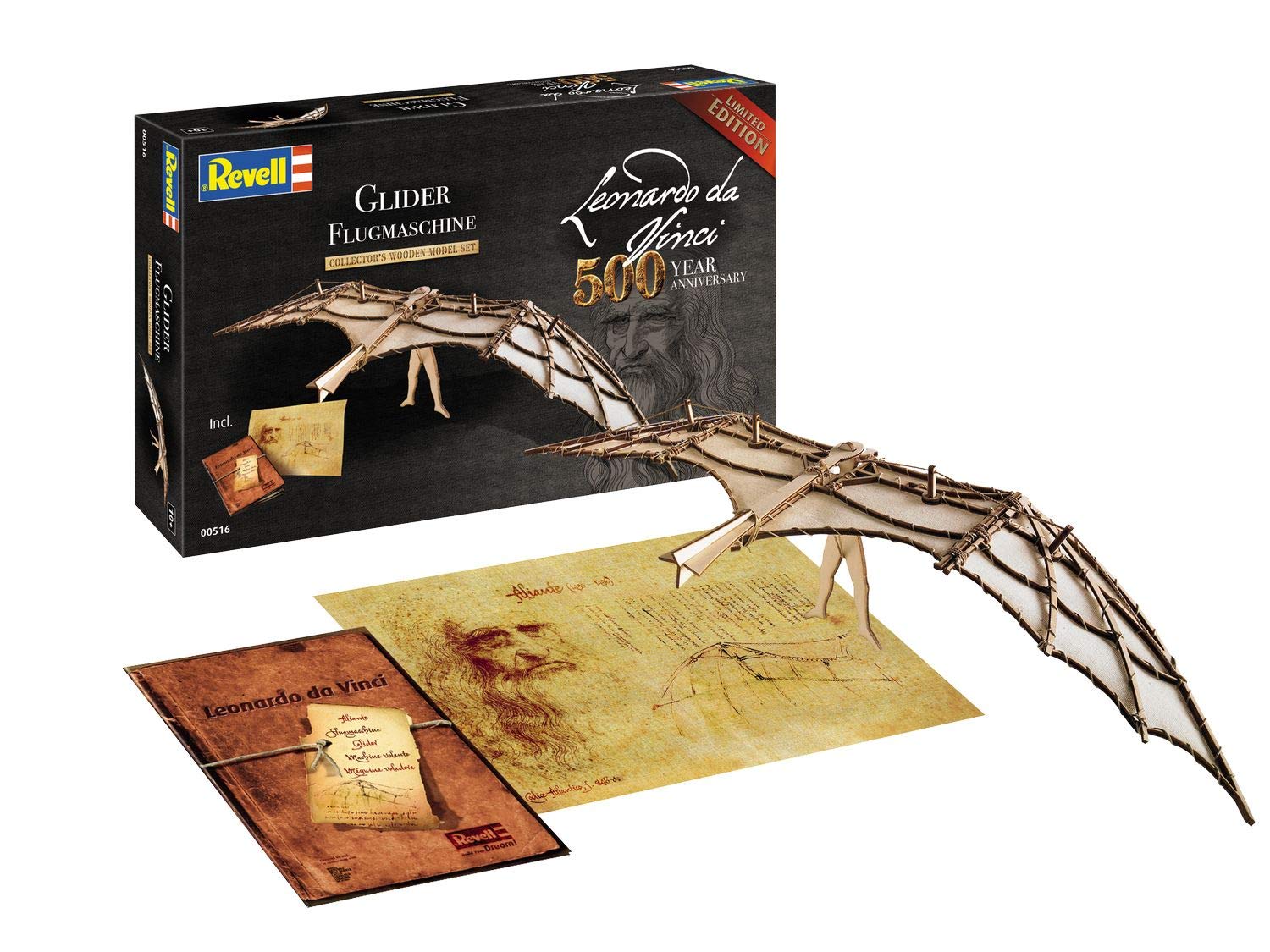 Revell RV00516 00516 516 1:8 Glider (Leonardo da Vinci 500th Anniversary) Wooden Model Kit Plastic, Various
