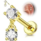 Agrewd G23 Solid Titanium Flat Back Earrings 16G Gold Plated Cartilage Earrings Stud Push in Helix Earrings for Women Men Dainty Helix Piercing Jewelry 6/8MM