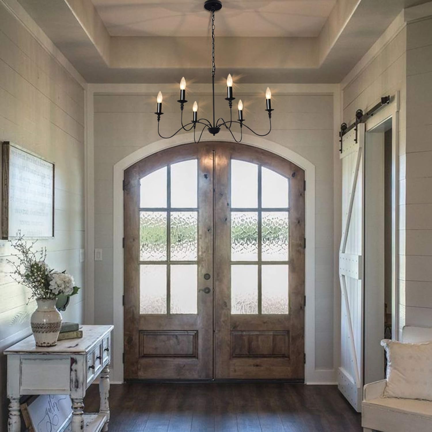 Black Metal Farmhouse Chandelier 6 Light, Classic Wrought Iron Ceiling Pendant Light Fixture and Traditional Style for Dining Table Living Room Foyer - - 