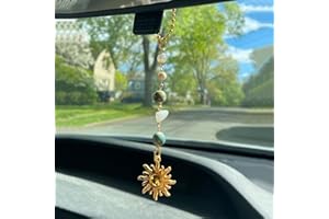 Sun Hanging Car Charm,Green and Gold Rear View Mirror Accessories Cute Boho Dangling Sun Car Decor Handmade Healing Crystals 