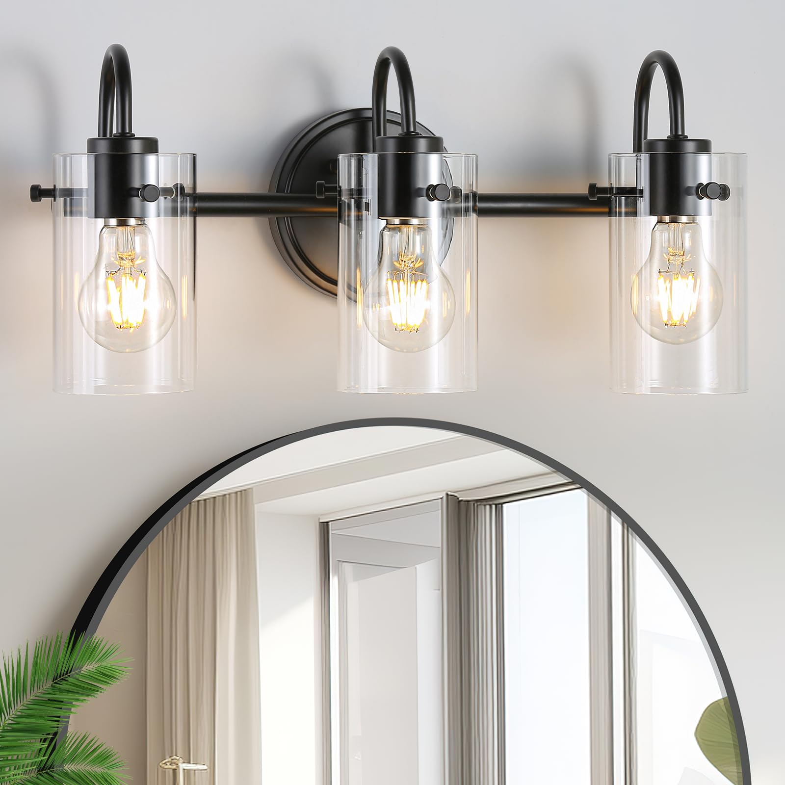 Photo 1 of 3 Lights Vanity Lights, Matte Black Bathroom Wall Light Fixtures over Mirror, Modern Wall Sconce with Clear Glass Shade, Farmhouse Wall Mount Porch Wall Lamp for Mirror, Kitchen, Living Room, Workshop