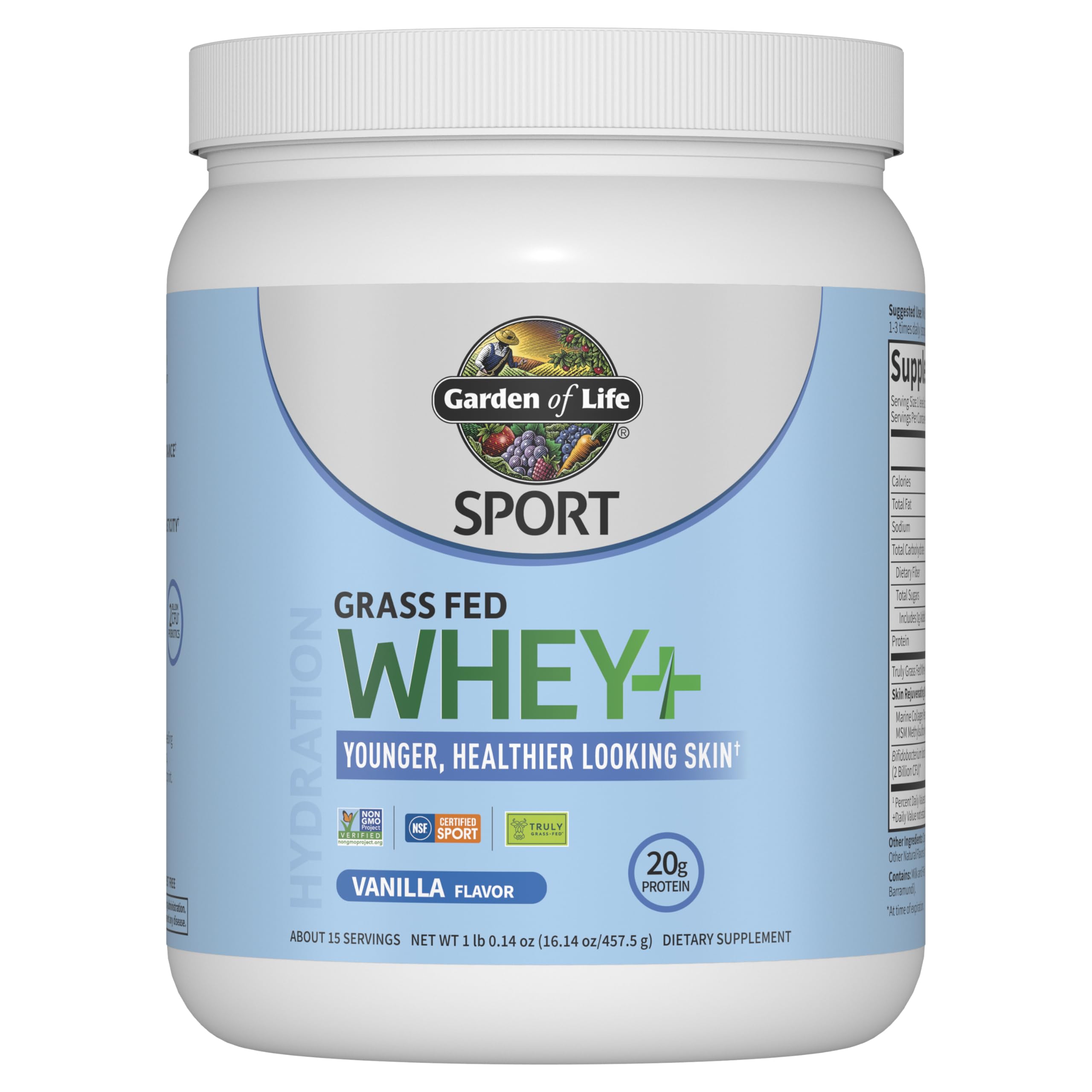 Photo 1 of Garden of Life Sport Whey Protein Powder Vanilla Flavor 20g Plus Marine Collagen Peptides & MSM for Women and Men, Optimum Amino Energy, Younger, Healthier Looking Skin - Grass Fed, About 15 Servings