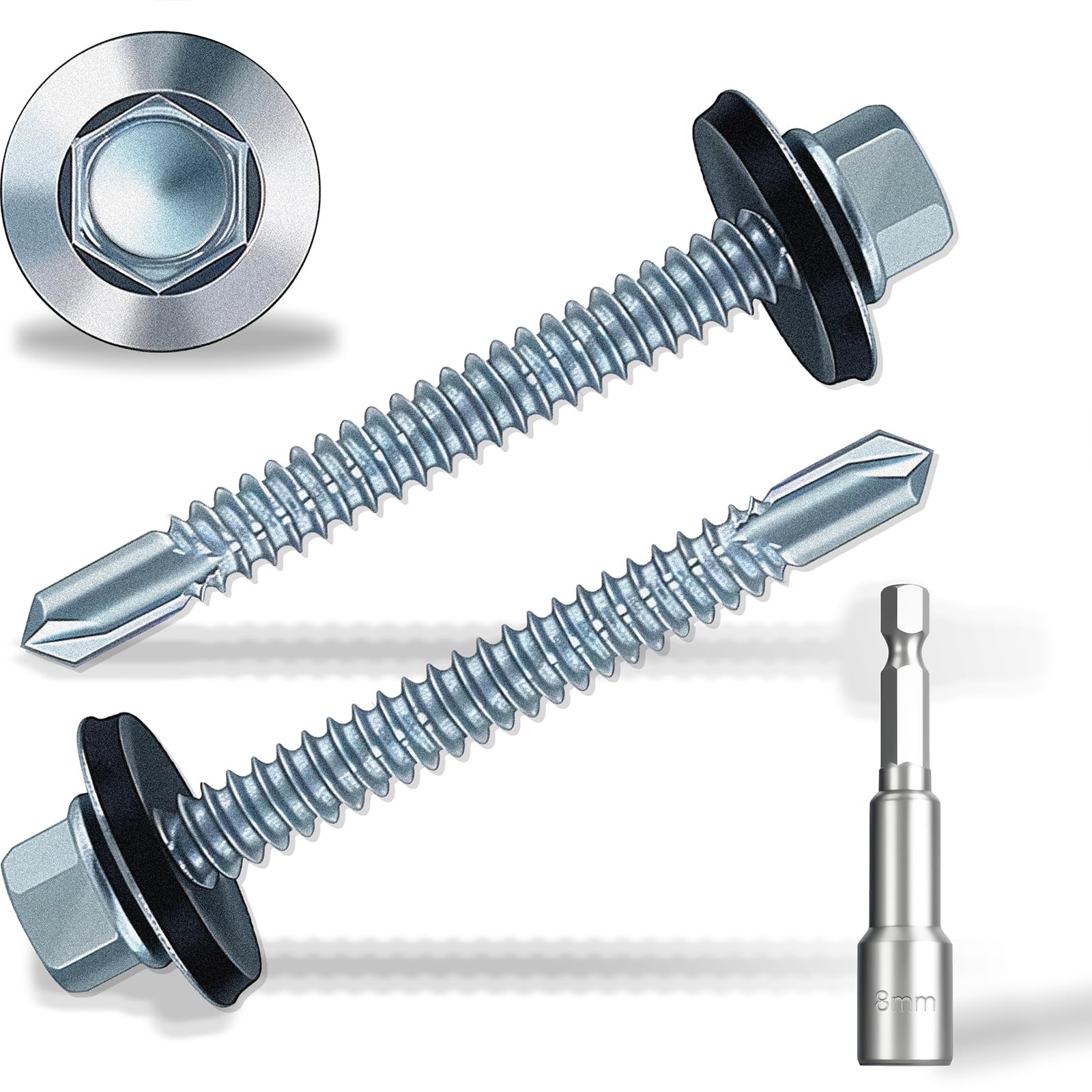 5.5x50 mm Self-Drilling Roofing Screws, 50 pcs Hex Head Self Tapping Screws, Hex Head Self-Drilling Roof Screws with Rubber Sealing Washer. with Hex Socket, Zinc Plat.