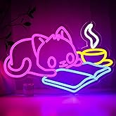 PMCVYH Cat Reading Book Neon Sign for Wall Decor, Cute Cat Led Signs for Library, USB Dimmable Neon Lights for Classroom Reading Cafe Corner Bedroom Study Room Home Book Club Motivational Wall Art