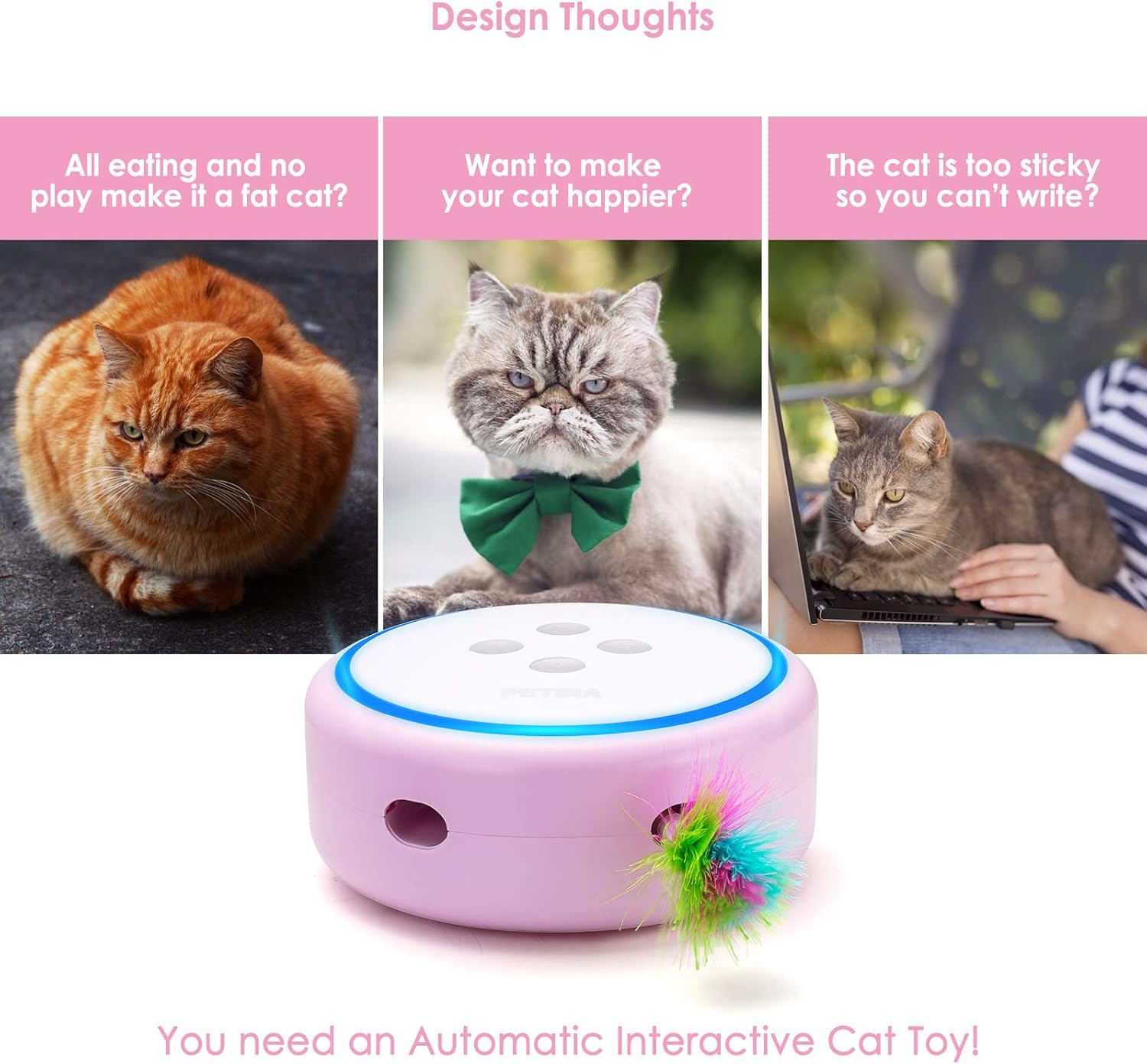PETBIA Interactive Cat Toy, Electronic Automatic Cat Toys with Random Rotating Feather Pop and Play for Cats (15 Minutes Auto-Shut Off/Continuous Plays Available) - Pink : Pet Supplies